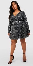 BOOHOO Sz 16 BLACK SILVER SEQUIN EVENING COCKTAIL PARTY DRESS NEW PLUS CURVE 