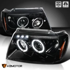 Jet Black Fits 1999-2004 Jeep Grand Cherokee LED Halo Projector Headlights Lamps