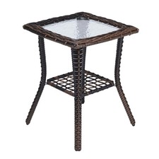 Rattan End Table with Glass Top, Wicker Side Table Patio Coffee Bistro Table NEW