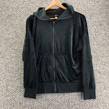 Felina Hoodie Sweatshirt Black Velour Womens Sz M Full Zip Pockets Soft