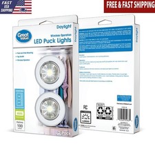 100 Lm Wireless LED Puck Lights 2 Pack Easy Install Battery Operated Tap On Off