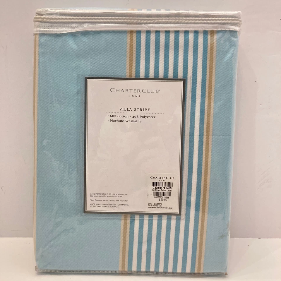 Charter Club 淋浴帘别墅条纹浅蓝色棕褐色白色全新棉聚乙烯 — 第 3/4 张图片