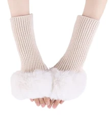 Winter Women Fingerless Gloves Knitted Arm Warmers Hand Mittens ThumbHole Beige