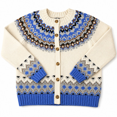 Lands End Fair Isle Damen Strickjacke M blau Wollmischung nordische Knöpfe Strick Pullover