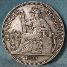 1910-A French Indo China 1 Piastre Key Date World Silver Coin / Crown #637