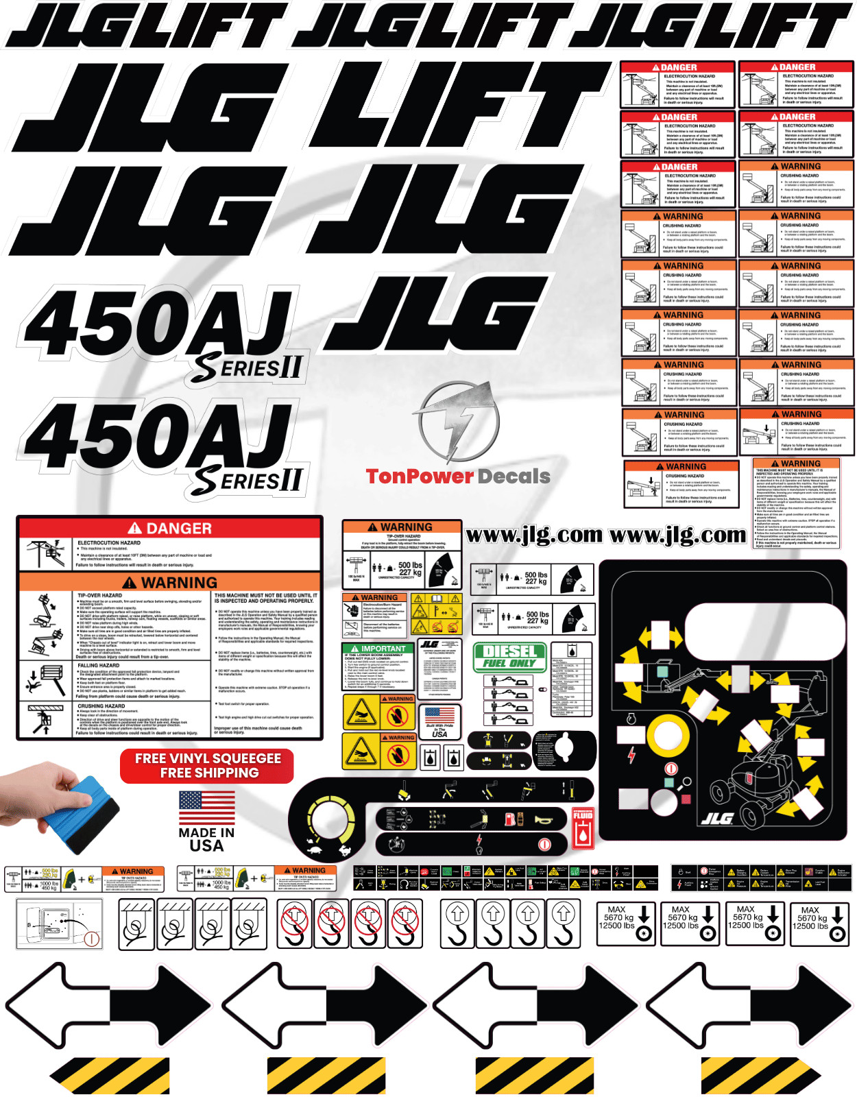 Fits JLG 450AJ SERIE II Boom Lift Decal Kit – 3M Vinyl – Free Shipping