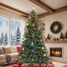 7.5ft Green Pre-Lit Spruce Artificial Hinged Christmas Tree w/ 1450 Branch Tips