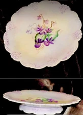 Victorian Hand Painted Violet China Plate Compote Pedestal Footed Dish 19th Cent