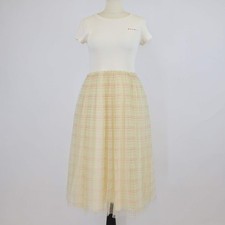 Marni Kids Light Yellow Cotton Check Print Mesh Skirt Logo Embroidered Short Sle