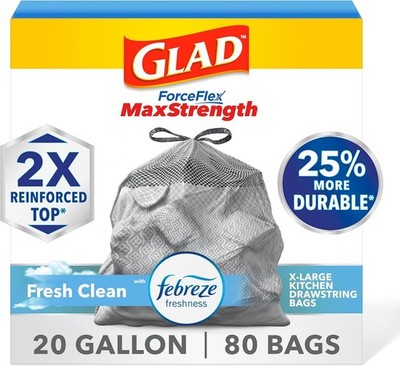 Glad Forceflex Maxstrength Kitchen Drawstring Trash Bags, 20 Gal, Fresh Clean, 8
