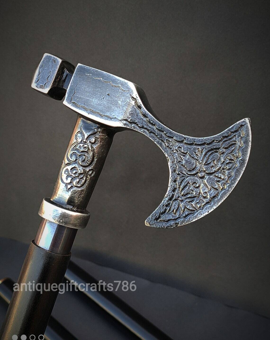 Solid Antique Pewter Axe Walking Stick Wooden Can… - image 10