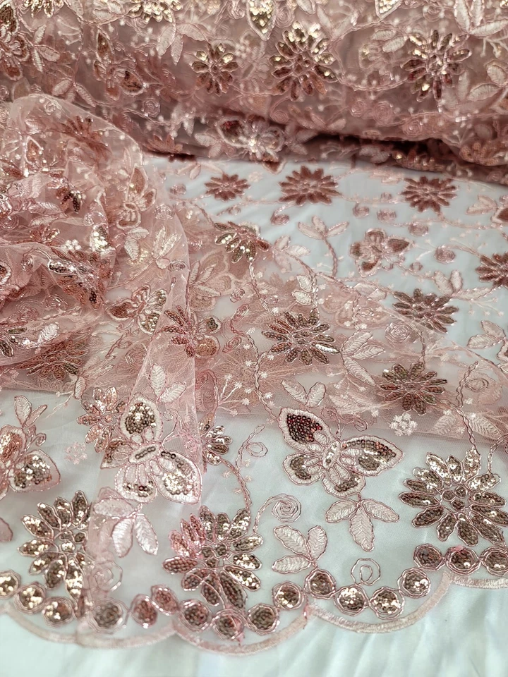 Blush Pink Embroidered Lace Butterflies Sequins Fabric By Yard Quinceañera - Image 2 of 4