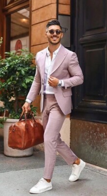 Pink Gents Marriage Shoes Pink Men Slim Fit Suit Peak Lapel Casual
