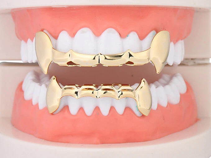 Grillz Vampire Fangs Dental Grill Teeth 14K Gold Silver plated Top Bottom w mold