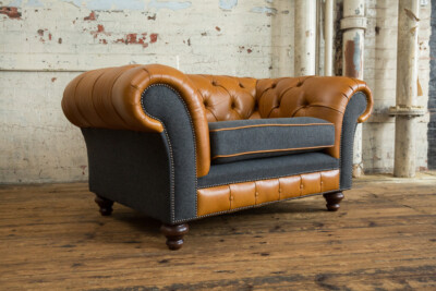 HANDMADE RUSTIC TAN LEATHER & DARK GREY WOOL CHESTERFIELD SNUGGLE CHAIR ...