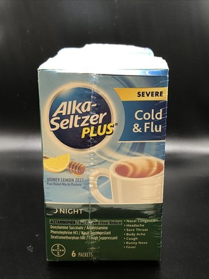 Alka-Seltzer Plus Night Severe Cold & Flu Packets Honey Lemon, 6 Ct - EXP 8/25x3