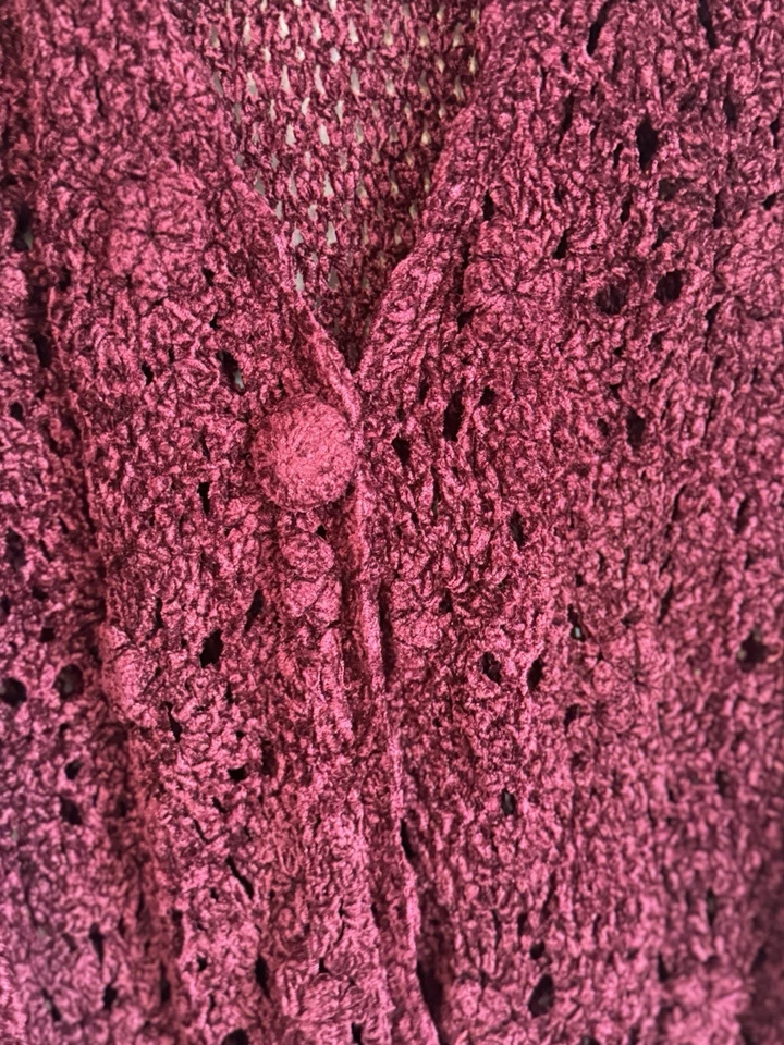 Cárdigan Plumero De Colección Express Tricot Crochet Talla M Borgoña Boho Festival Años 70 Foto 4 de 4