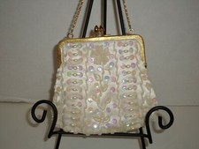 Vintage White Satin Iridescent Sequin Evening Purse Hand Made in Hong Kong Nice