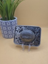 Vintage Western Belt Buckle Silver-toned metal floral engraved w/ stone cabochon