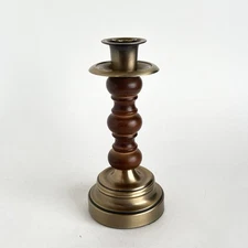 HOMCO Brass and Wood Candlestick Candle Holder MCM 9.5" Tall Boho Cottagecore
