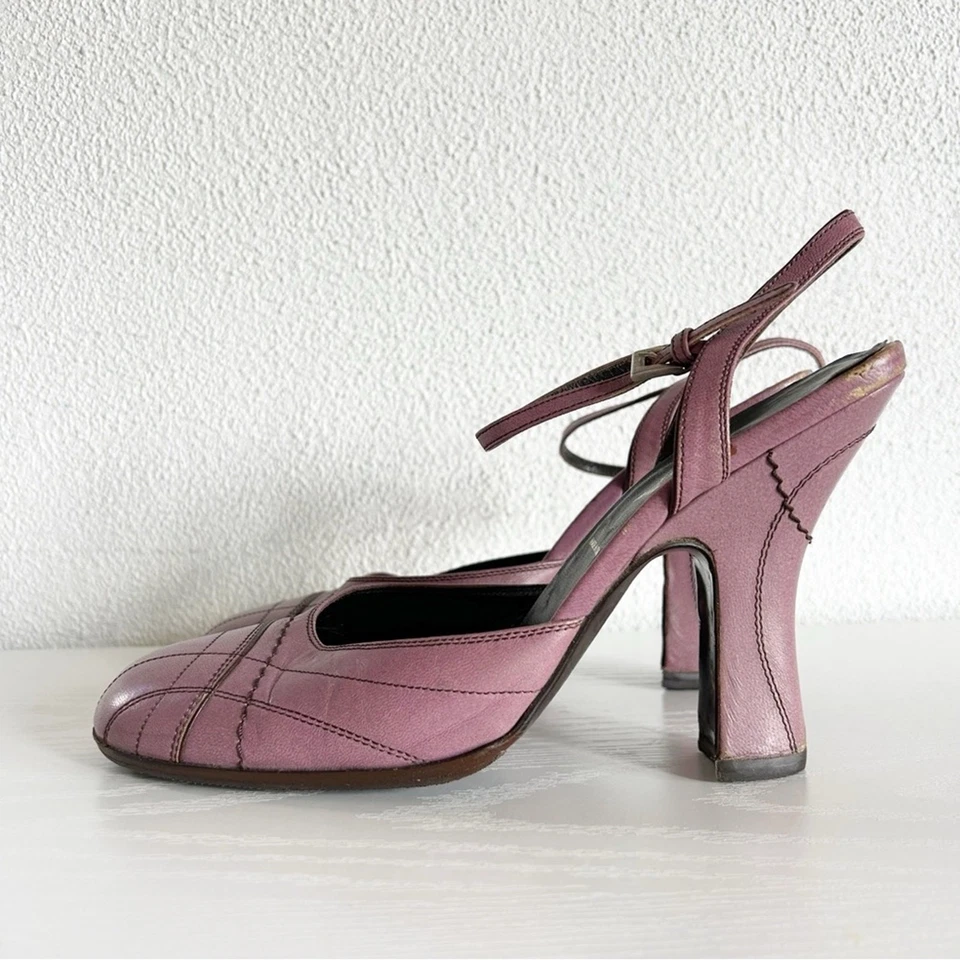 Prada Vintage Cuero Púrpura Pastel Correa Tobillo Bloque Tacones EU 40 Puntada Detalle Foto 2 de 4