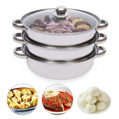 3 Tier Steamer Cooker Steam Pot Stainless Steel Kitchen Cookware Hot Pot W/LID