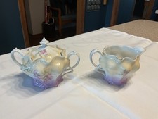 R. S. PRUSSIA - Green With Pink Roses - Creamer and Sugar With Lid