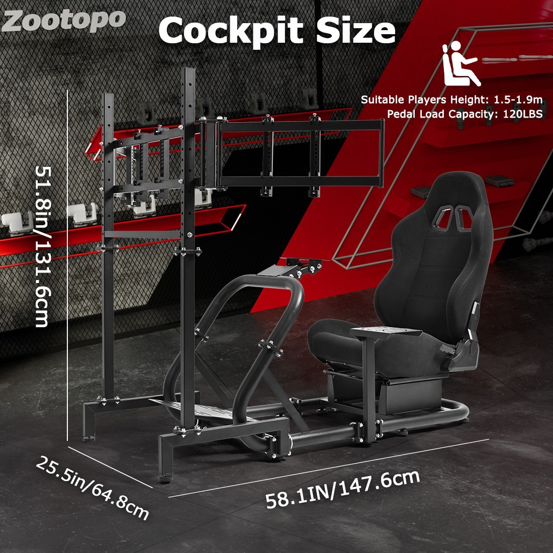 Zootopo Racing Sim Cockpit With Black Seat & Triple TV Stand Fits Thrustmaster