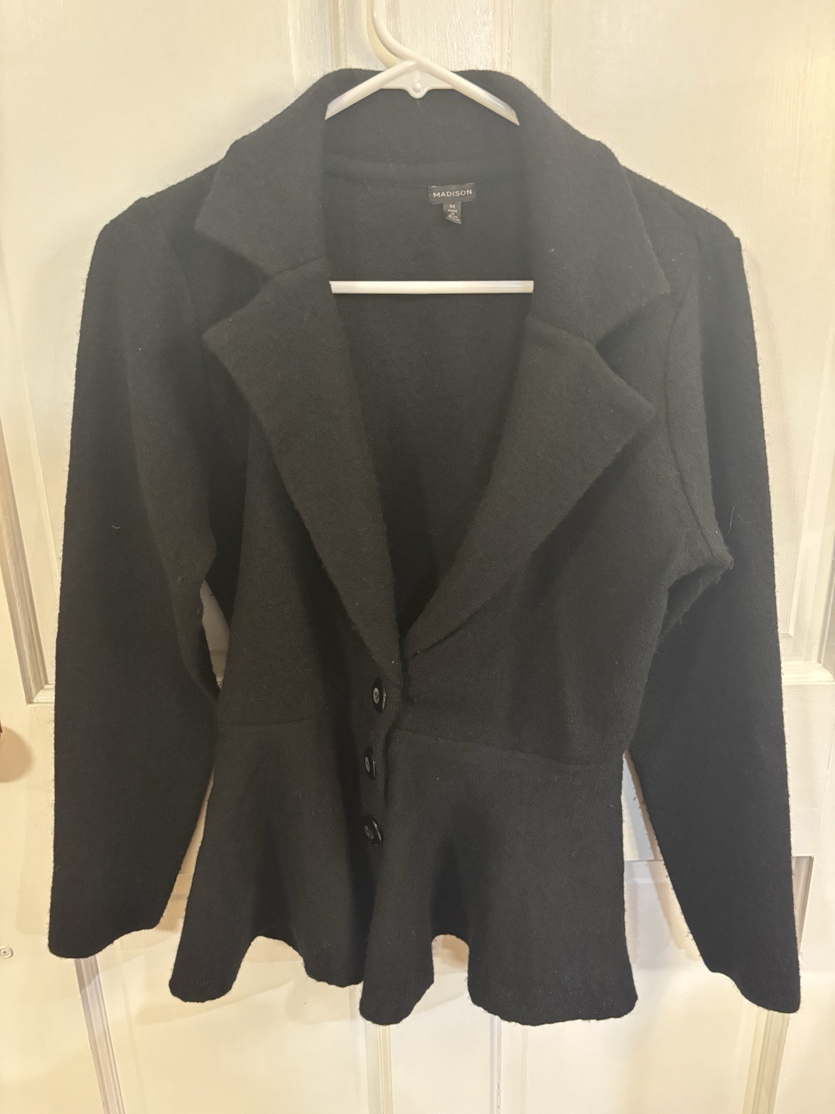 Madison Women’s Black Peplum Blazer 100% Wool Size Medium