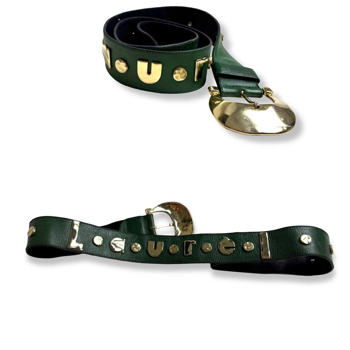 All Saints Pindot Gold Olive Green Studded Leather Skinny Waist Belt Womens XL Waist Belt Size XL Skinny Belts for Women for sale | eBay main image 3