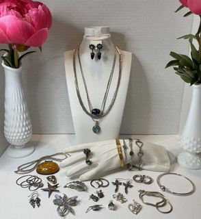 Vintage 217 Gram Sterling Silver 925 Mixed Jewelry Lot 35 Pieces