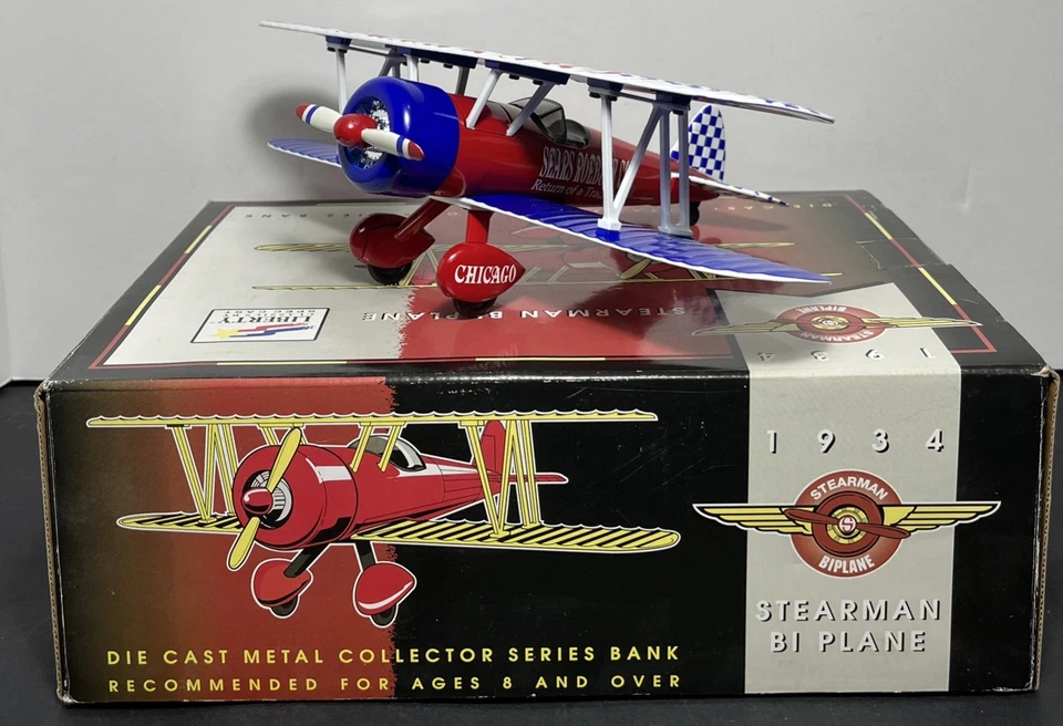 1934 Stearman Collector Series Bi-Plane Sears Roebuck Airplane Diecast Bank NIB - Image 3 of 4
