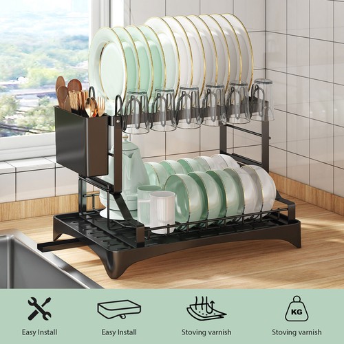 Over Sink Dish Drying Rack 2-Tier Stainless Steel Kitchen Shelf Cutlery Drainer - Picture 2 of 13