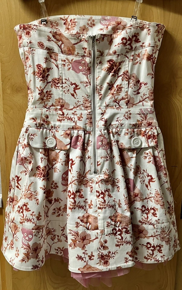 Betsey Johnson винтажный розовый белый тюль черепа цветы мини-платье редкая размер 2 - Изображение 3 из 4