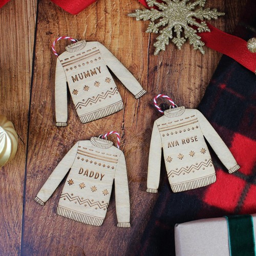 Personalised Christmas Jumper Bauble Wood Xmas Tree Ornament Rustic Table Decor - Picture 7 of 10