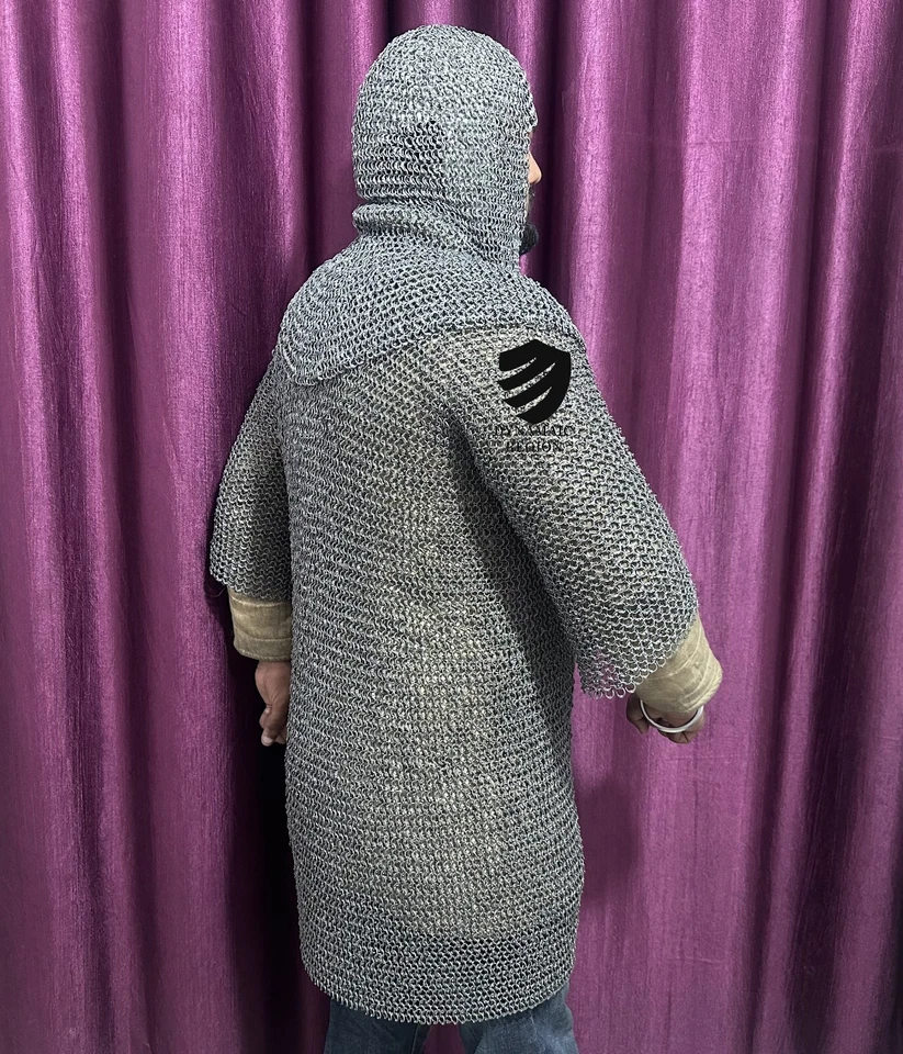 Medieval 8 mm Mild Steel Round Ring Riveted Half Sleeve Chainmail Shirt and Coif - Image 4 of 4