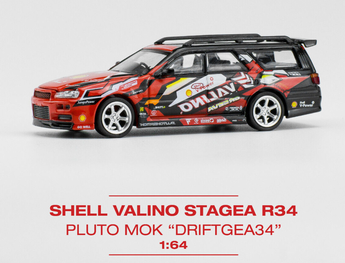 Популярная гонка на автомобиле Nissan Shell Valino Stagea R34 - Pluto Mok Driftgea34 1:64 PR640038