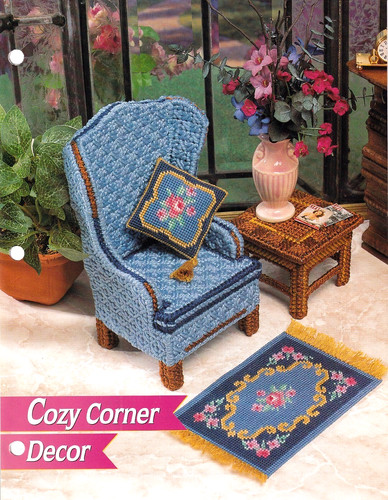 Fashion Doll PATTERN Plastic Canvas COZY CORNER DECOR Wingback Chair Table Rug