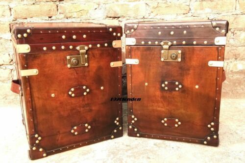 Pair Of Finest English Leather Antique Inspired Side Table Trunk Amazing Item - Picture 1 of 6