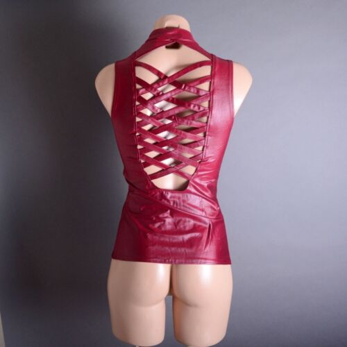 Burgundy Red Faux Leather Sleeveless Lace Up Strappy Slim Cross Cut Zip Top Vest - Picture 1 of 8