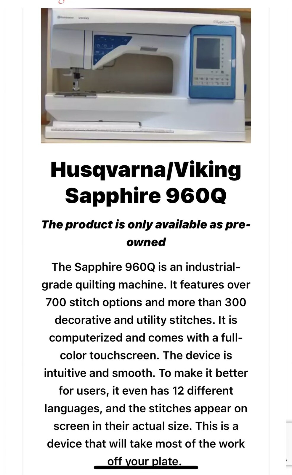 Husqvarna Viking Sapphire 960Q Sewing Machine Package FREE SHIPPING eBay