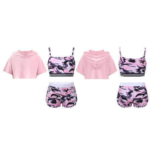 Kids Girls Tracksuits Camouflage Camisole Outfits Hooded Set Dance Crop Top - Picture 4 of 32