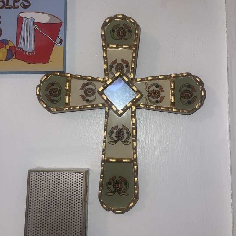 Vintage Peruvian Mohena Floral Reverse Painted Glass & Wooden Wall Cross  10”