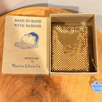 #ad Whiting amp; Davis Gold Metal Mesh Cigarette Case Original Box Zippered Tag NOS $49.99