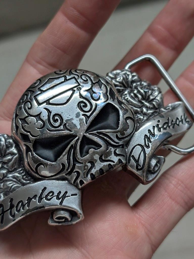 vintage Y2K belt buckle HARLEY DAVIDSON chrome metal SKULL