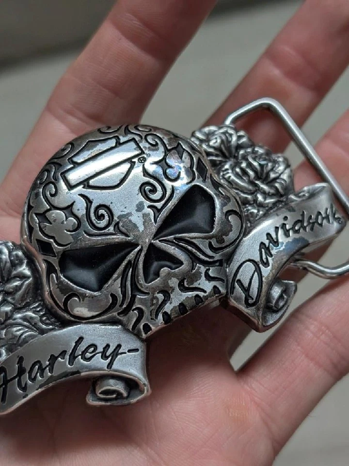 Hebilla de cinturón vintage Y2K Harley Davidson metal cromado calavera motocicleta Western Foto 2 de 4