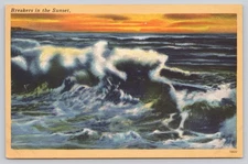 Linen Era Breakers in the Sunset New Jersey Tichnor Postcard