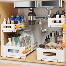 L-Shaped Metal Under Sink Organizer, 2-Tier Adjustable Pull-Out Storage, 2 Packs