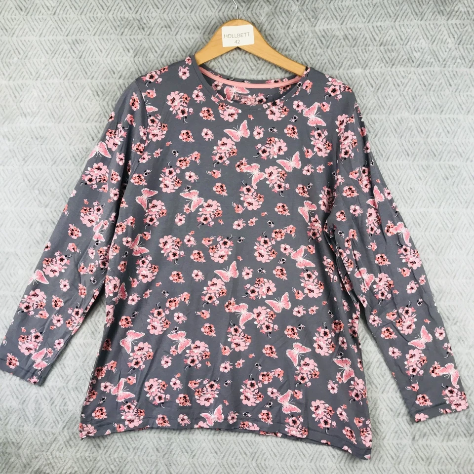 TU Haut Femme UK22/FR50 Rose Gris Motif Floral Papillon Col Rond Manches Longues - Photo 1/4