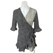 Boohoo Black White Contrast Smudge Half Sleeve Ruffle Frill Mini Wrap Dress 10